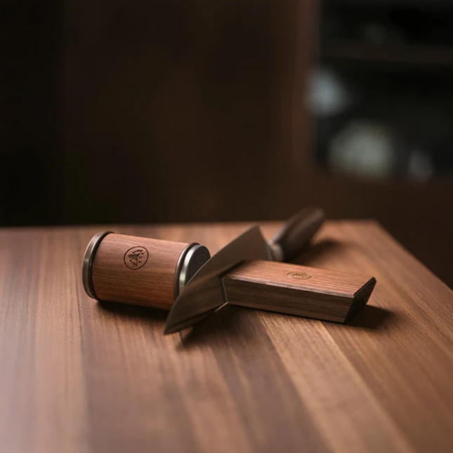 HORL 3 Sharpener Nut/Nogueira – Tecnologia Avançada para Afiação de Facas com Discos de Diamante e Cerâmica, Ângulos de 15º e 20° Utensílios de cozinha em madeira e metal sobre bancada de madeira