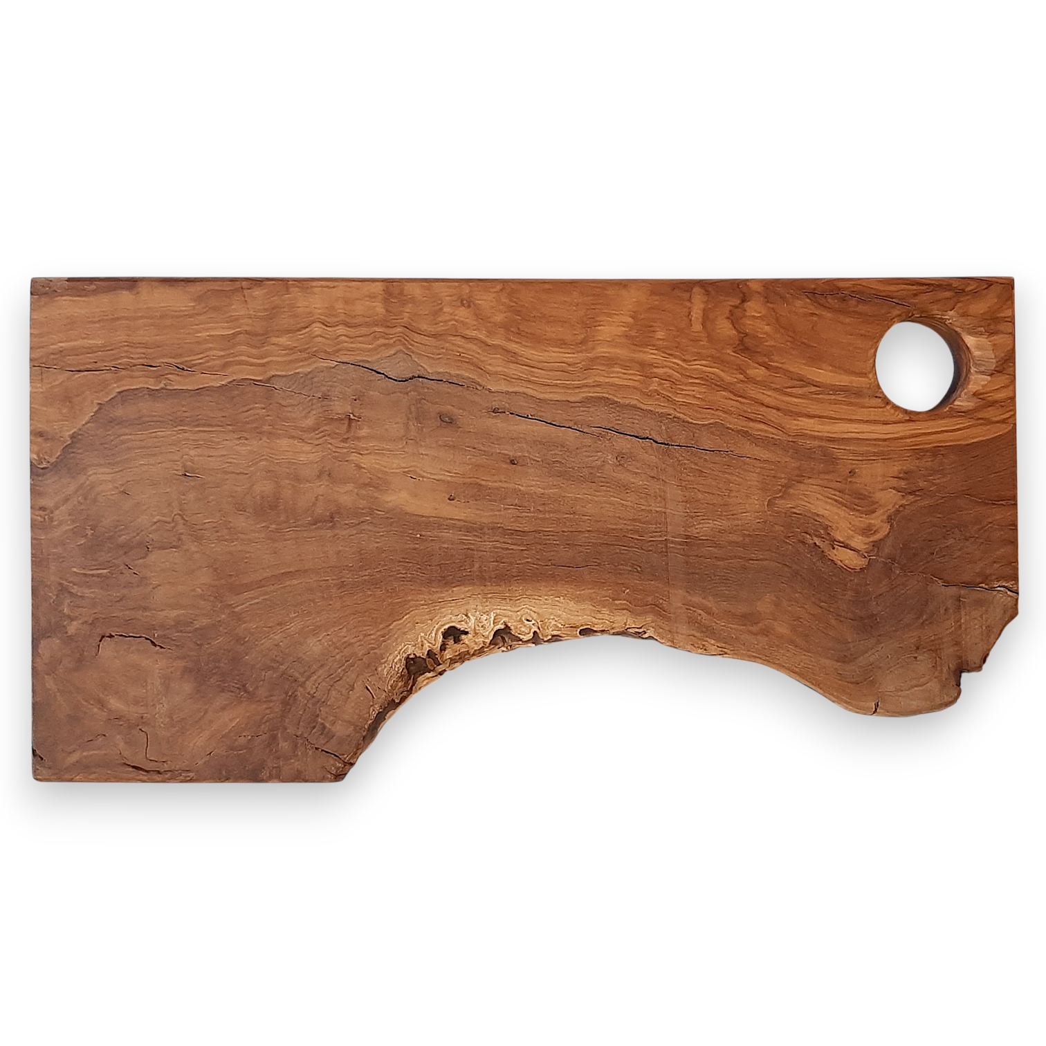 Tábua Irregular em Oliveira (39,5x20x3cm) Tabuleiro de cortar de madeira com textura natural e buraco circular no canto