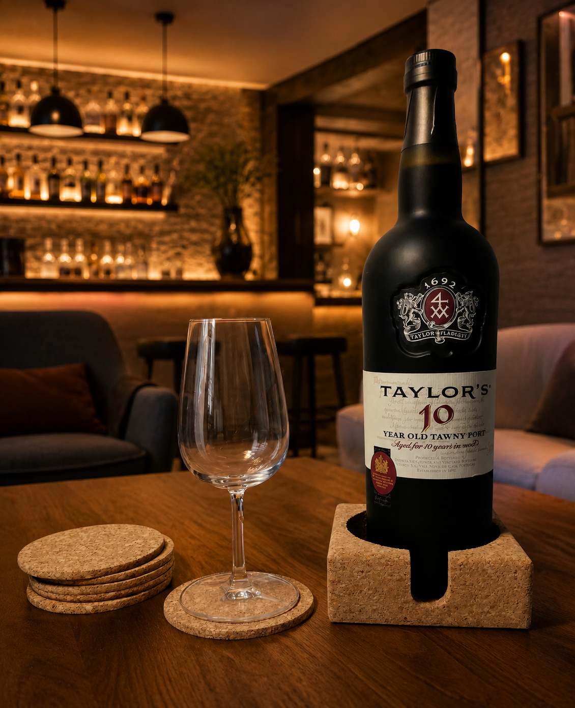 Conjunto de 6 Bases Redondas para Copos e Suporte Quadrado para Garrafa em Cortiça – Personalize com Gravação a Laser Garrafa de vinho Taylors 10 Year Old Tawny Port com copo de vinho e descansos de cortiça numa mesa de madeira num bar