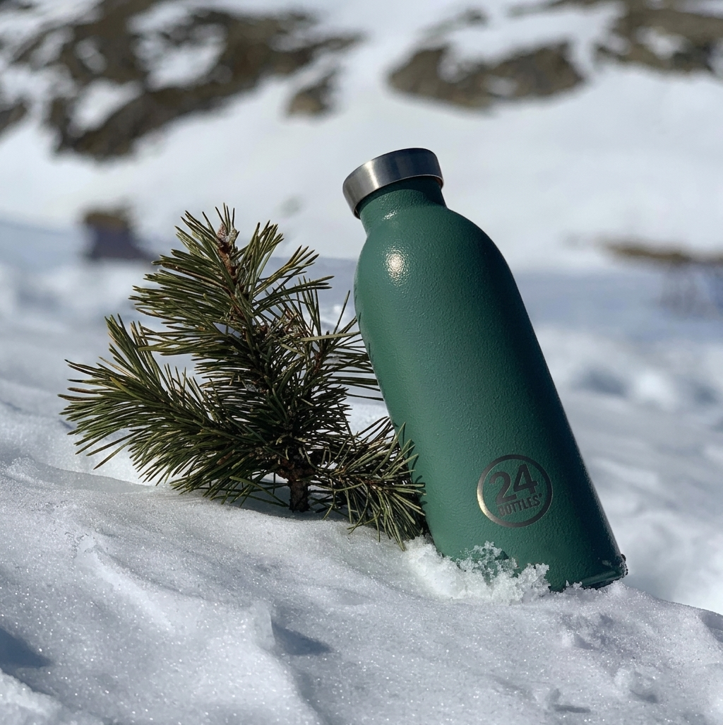 Clima Bottle - Moss Green 500ml Garrafa térmica verde na neve junto a ramo de pinheiro