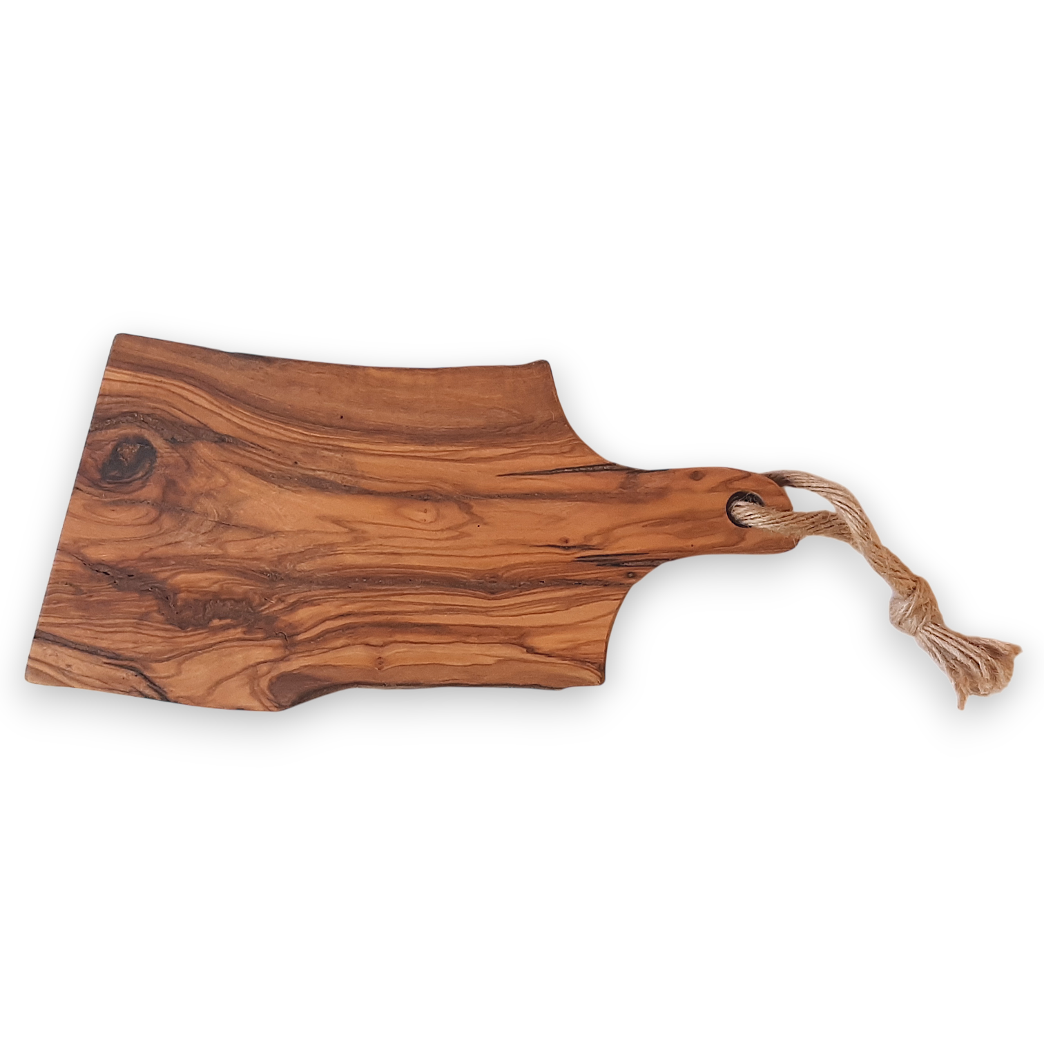 Tábua Irregular em Oliveira (30x14x2cm) Tábua de cortar em madeira castanha com alça e corda.
