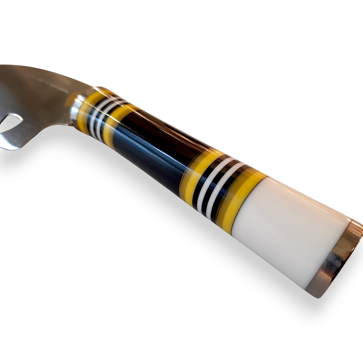 Faca de Queijo 13cm Cabo de faca com faixas amarelas, pretas e brancas e lâmina em aço inox