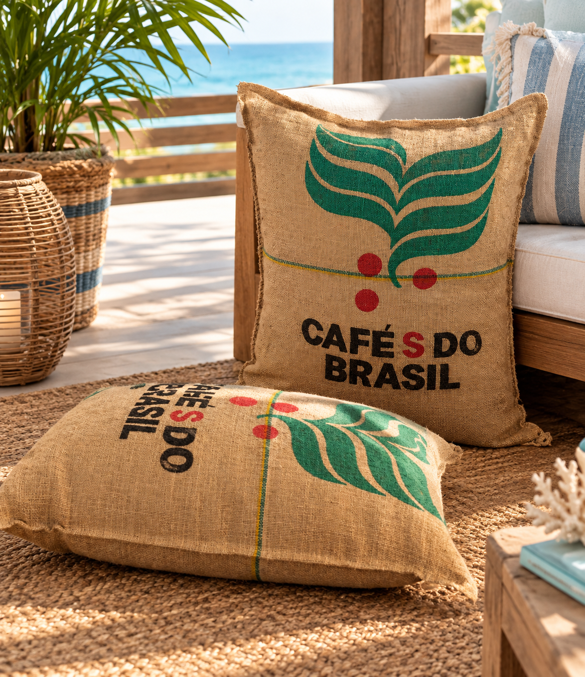 Almofada em Serapilheira Reciclada - 90X70CM Almofadas quadradas de juta estampada com texto e desenho colorido, em ambiente decorado de madeira junto ao mar
