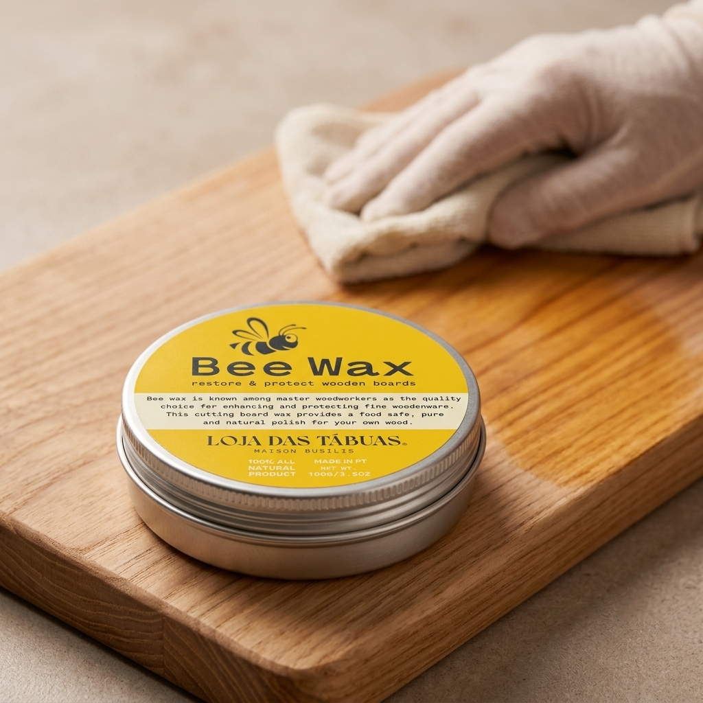 Cera de Abelha / Bee Wax 100g Lata metálica com Bee Wax e mão a limpar tábua de madeira com pano