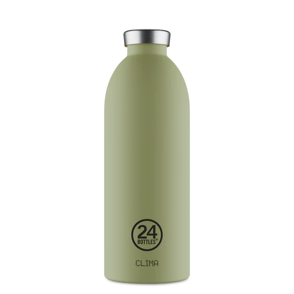 Clima Bottle - Sage 850ml Garrafa térmica verde-acinzentada com tampa prateada e logotipo 24 BOTTLES