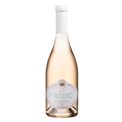 Garrafa de vinho rosé Freixo com rótulo branco e azul claro