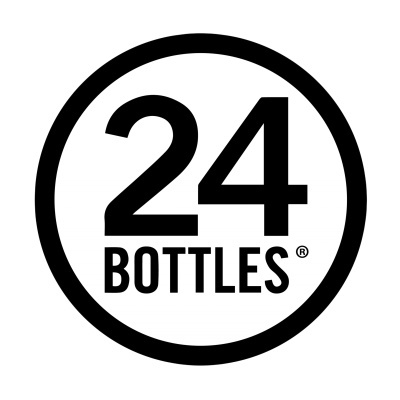 Logotipo preto circular com '24 BOTTLES' em letras grandes e pretas sobre fundo branco