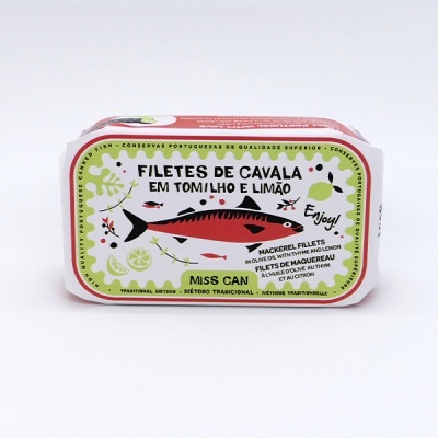 Lata colorida de filetes de cavala com tomilho e limão da Miss Can