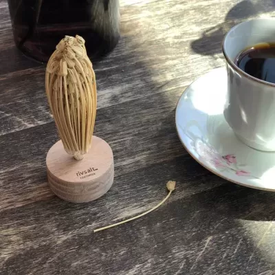 Escultura de palhinhas em suporte de madeira com chávena de café à direita