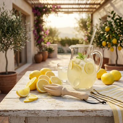 Jarro de limonada com limões e espremedor de madeira numa mesa de madeira branca ao ar livre