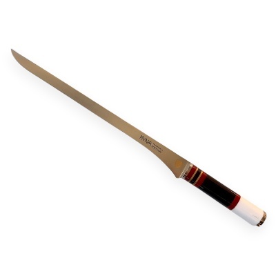 Faca Kyna com lâmina longa curva e cabo colorido vermelho, preto e branco