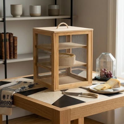 Expositor de alimentos em madeira clara com três prateleiras e laterais em rede numa mesa com tampa geométrica.