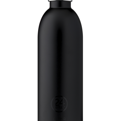 Garrafa térmica preta fosca com tampa prateada, texto em relevo 24 BOTTLE CLIMA