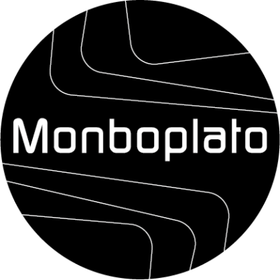 Logotipo circular preto com texto Monboplato em branco