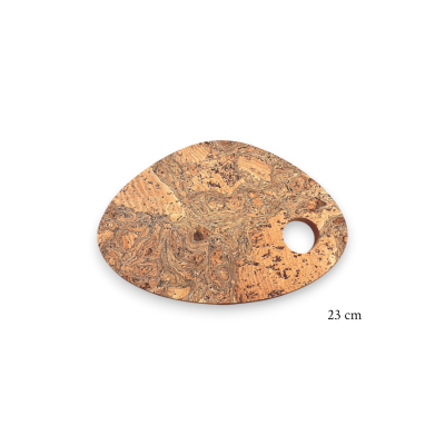 Tábua de cortar de cortiça oval com buraco circular e padrão natural