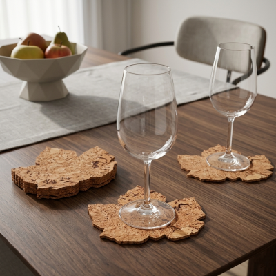 Bases para copos em cortiça com copos de vinho e fruteira com fruta sobre mesa de madeira