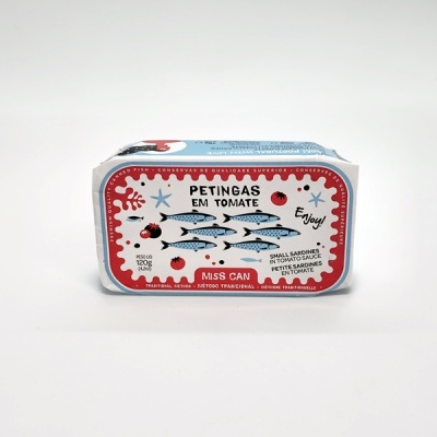 Lata pequena de sardinhas em tomate MISSCAN com ilustrações de peixes