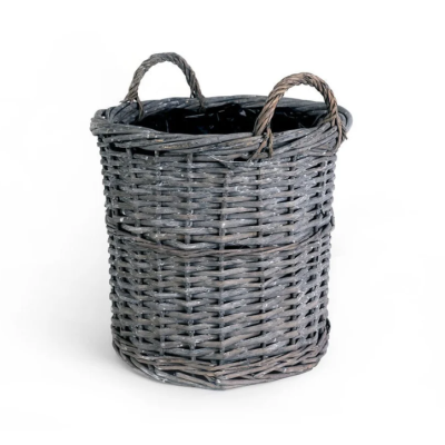 Cesto redondo em vime cinzento com pegas e acabamento rústico