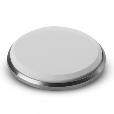 Tampo redondo branco com borda metálica prateada