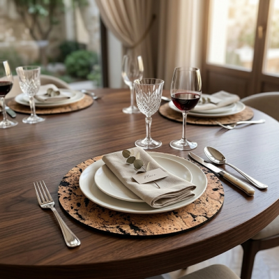 Mesa de jantar elegante com conjunto de pratos brancos, sousplats de cortiça, guardanapos bege com cartão Place, talheres e taças de vinho