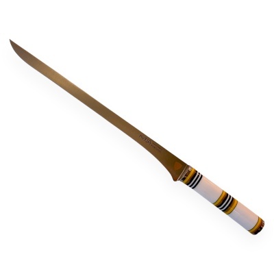 Faca com lâmina metálica longa e cabo decorado em branco com faixas amarelas e pretas