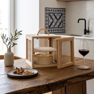 fruteira de madeira com laterais de tela numa mesa rústica com frutos secos e copo de vinho