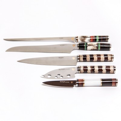Conjunto de cinco facas Kyna com cabos coloridos e lâminas em aço inox