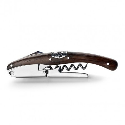 Saca-rolhas com alça de madeira e corpo metálico