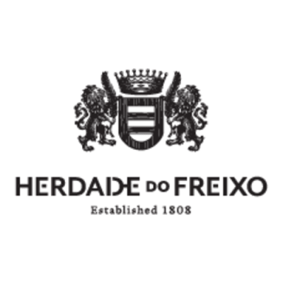 Logótipo preto de Herdade do Freixo com escudo, coroa e leões