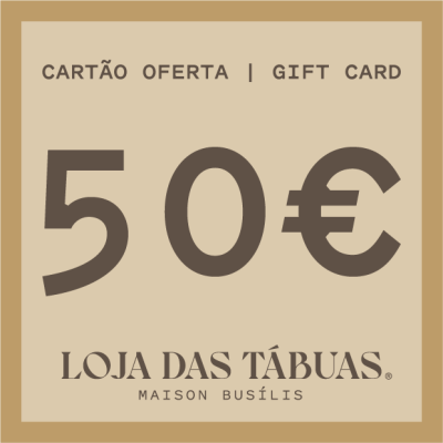 Cartão oferta de 50€ da Loja das Tábuas com design em tons de bege e marrom