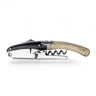 Saca-rolhas metálico com cabo marfim e parte superior preta