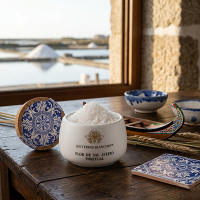 Salgadeira com flor de sal e decoração tradicional portuguesa numa mesa junto a janela com vista para salinas.