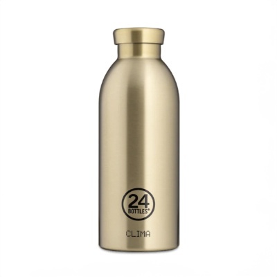 Garrafa térmica dourada em aço inoxidável com texto 24 BOTTLES e CLIMA