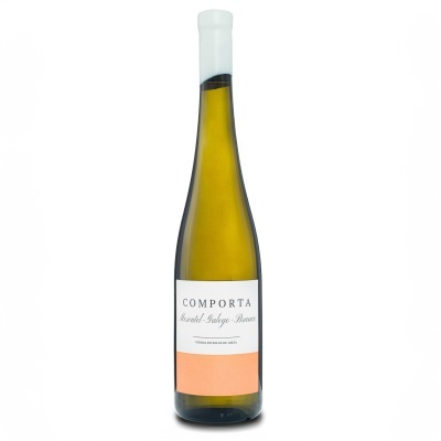 Garrafa de vinho branco Comporta com rótulo branco e pêssego