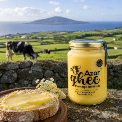 Frasco de Ghee Azor com fatia de pão com manteiga em ambiente rural verde com vacas ao fundo