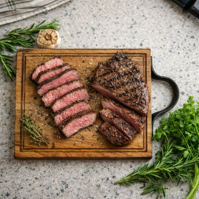 Bifes grelhados fatiados numa tábua de madeira com temperos e ervas frescas ao redor