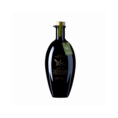 Garrafa preta de azeite Virgem Extra TERRAS DA ZIBÓ com tampa de cortiça e etiqueta verde