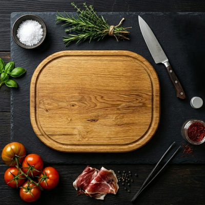Tábua de cortar madeira com ervas, facas, tomate e presunto