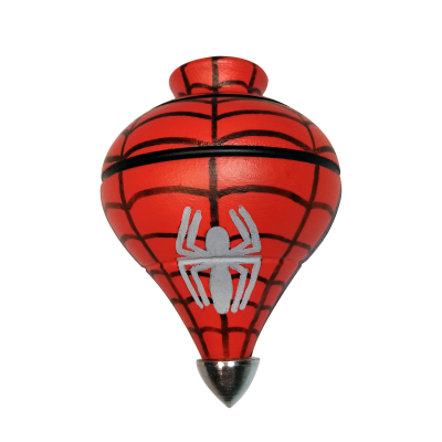 Pião vermelho com padrão de teia de aranha e aranha branca, ponta de metal