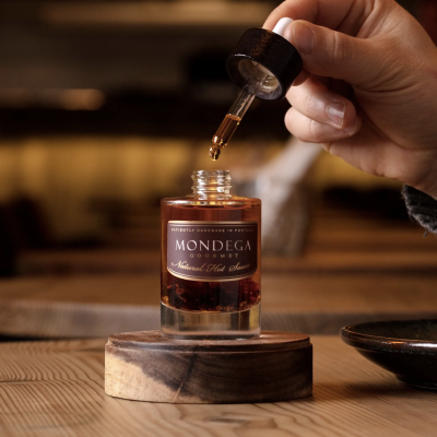 Frasco de molho picante com conta-gotas em madeira