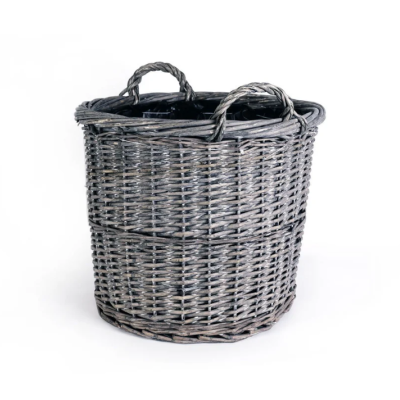 cesto redondo cinza escuro com alças e interior de plástico preto