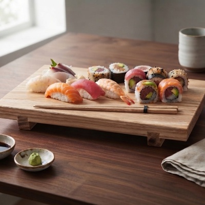 Tabuleiro de madeira com sushi variado e pauzinhos em mesa de madeira com caneca, pratos e guardanapo.