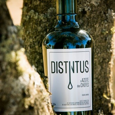 Garrafa verde de azeite chamada Distintus entre árvores com musgo