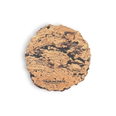 Disco redondo de cortiça com texto impresso