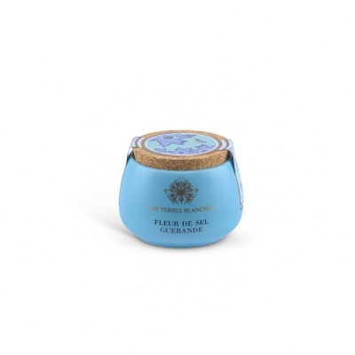 Recipiente azul de cerâmica com tampa de cortiça para flor de sal.