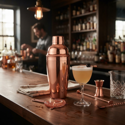 Conjunto de utensílios de bar em cobre e cocktail amarelo com cereja no balcão de bar de madeira