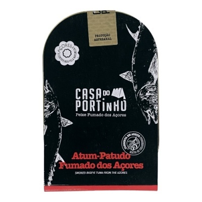 Embalagem preta com ilustrações brancas de peixes e texto sobre atum fumado dos Açores