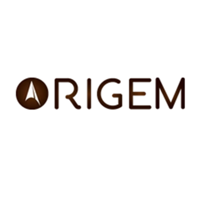 Logótipo da marca ORIGEM em castanho com seta branca num círculo castanho