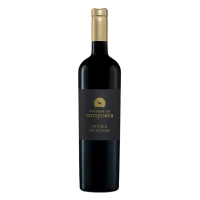 Garrafa de vinho tinto Herdade da Comporta Private Selection com rótulo preto e dourado