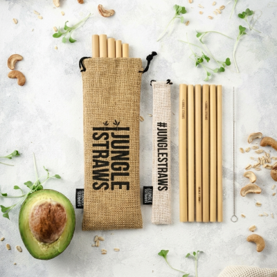 Conjunto de palhinhas de bambu com estojo texturizado e escova de limpeza